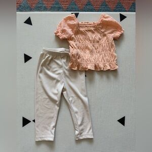 Old Navy|Baby girl short sleeve Peach Top with ruching and Cream Pants•••12-18m